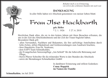 Traueranzeige von Ilse Hackbarth von Südthüringer Presse