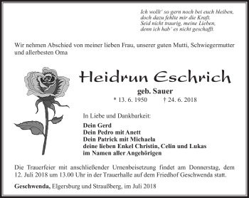 Traueranzeige von Heidrun Eschrich von Südthüringer Presse