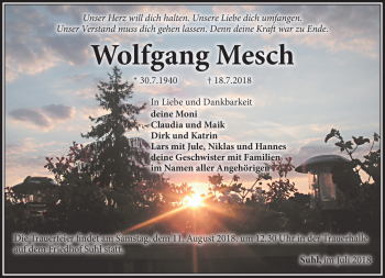 Traueranzeige von Wolfgang Mesch von Südthüringer Presse