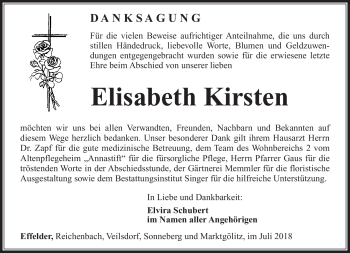 Traueranzeige von Elisabeth Kirsten von Südthüringer Presse