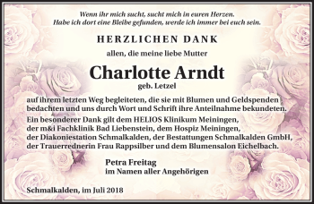 Traueranzeige von Charlotte Arndt von Südthüringer Presse
