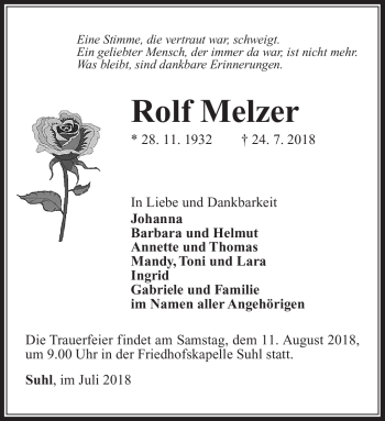 Traueranzeige von Rolf Melzer von Südthüringer Presse
