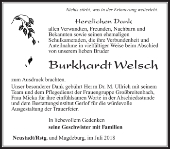 Traueranzeige von Burkhardt Welsch von Südthüringer Presse