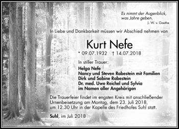 Traueranzeige von Kurt Nefe von Südthüringer Presse