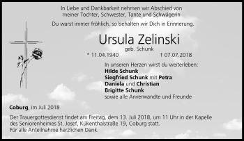 Traueranzeige von Ursula Zelinski von Neue Presse Coburg