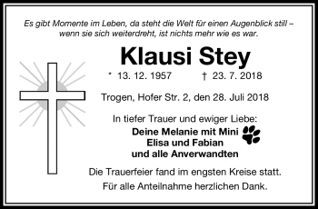 Traueranzeige von Klausi Stey von Frankenpost