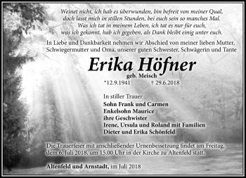 Traueranzeige von Erika Höfner von Südthüringer Presse