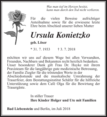 Traueranzeige von Ursula Konietzko von Südthüringer Presse