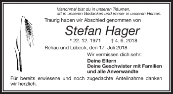 Traueranzeige von Stefan Hager von Frankenpost
