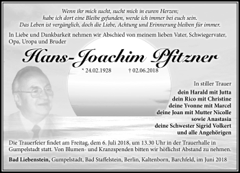 Traueranzeige von Hans-Joachim Pfitzner von Südthüringer Presse