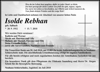 Traueranzeige von Isolde Rebhan von Südthüringer Presse