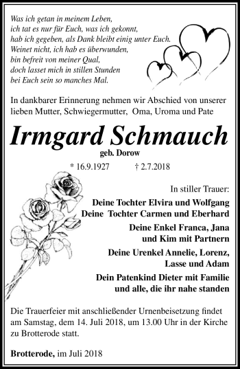 Traueranzeige von Irmgard Schmauch von Südthüringer Presse