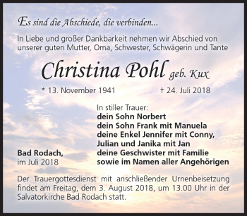 Traueranzeige von Christina Pohl von Neue Presse Coburg
