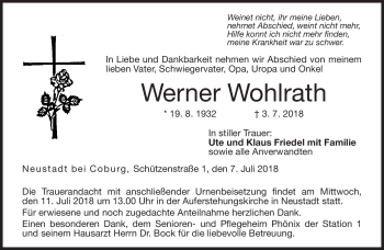 Traueranzeige von Werner Wohlrath von Neue Presse Coburg