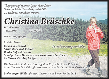 Traueranzeige von Christina Brüschke von Südthüringer Presse