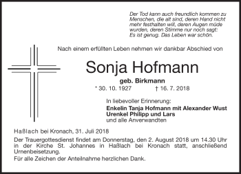 Traueranzeige von Sonja Hofmann von Neue Presse Coburg