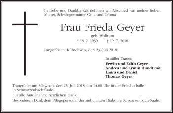Traueranzeige von Frieda Geyer von Frankenpost