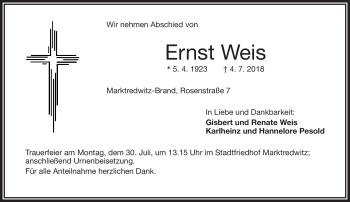 Traueranzeige von Ernst Weis von Frankenpost