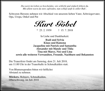Traueranzeige von Kurt Göbel von Südthüringer Presse