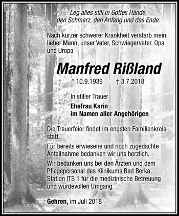 Traueranzeige von Manfred Rißland von Südthüringer Presse