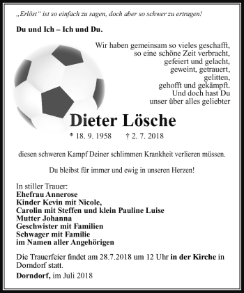 Traueranzeige von Dieter Lösche von Südthüringer Presse