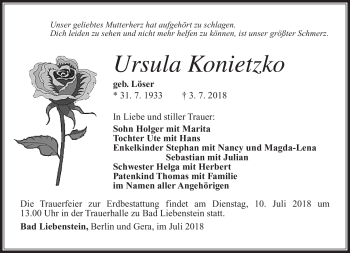 Traueranzeige von Ursula Konietzko von Südthüringer Presse