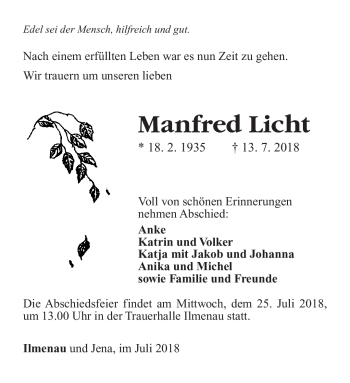 Traueranzeige von Manfred Licht von Südthüringer Presse