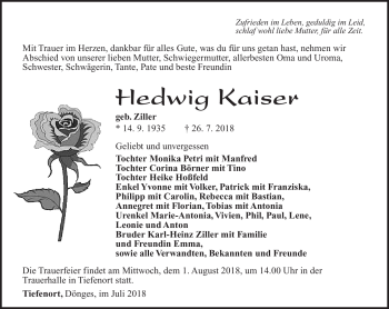 Traueranzeige von Hedwig Kaiser von Südthüringer Presse