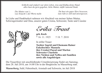 Traueranzeige von Erika Traut von Südthüringer Presse