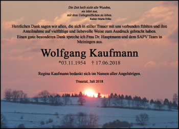 Traueranzeige von Wolfgang Kaufmann von Südthüringer Presse
