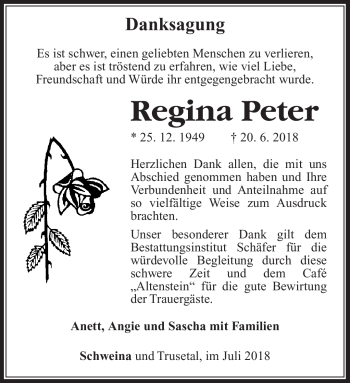 Traueranzeige von Regina Peter von Südthüringer Presse