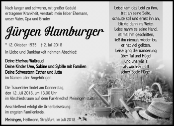 Traueranzeige von Jürgen Hamburger von Südthüringer Presse