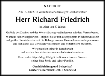 Traueranzeige von Richard Friedrich von Neue Presse Coburg