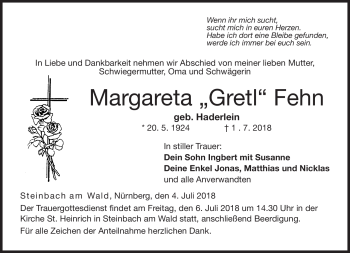 Traueranzeige von Margareta Fehn von Neue Presse Coburg