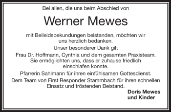 Traueranzeige von Werner Mewes von Frankenpost