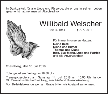 Traueranzeige von Willibald Welscher von Neue Presse Coburg