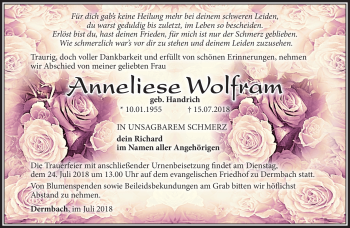 Traueranzeige von Anneliese Wolfram von Südthüringer Presse