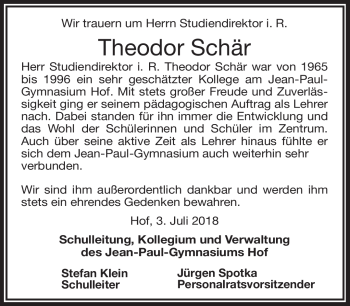 Traueranzeige von Theodor Schär von Frankenpost