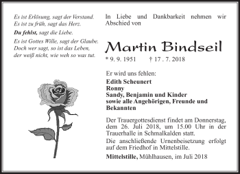 Traueranzeige von Martin Bindseil von Südthüringer Presse