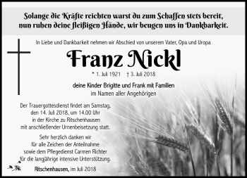 Traueranzeige von Franz Nickl von Südthüringer Presse