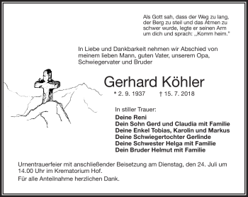 Traueranzeige von Gerhard Köhler von Frankenpost