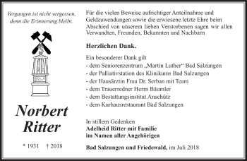 Traueranzeige von Norbert Ritter von Südthüringer Presse