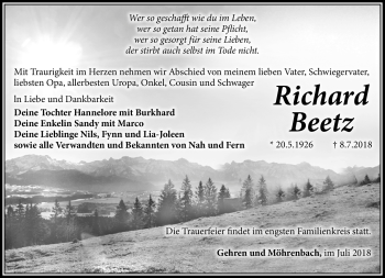 Traueranzeige von Richard Beetz von Südthüringer Presse
