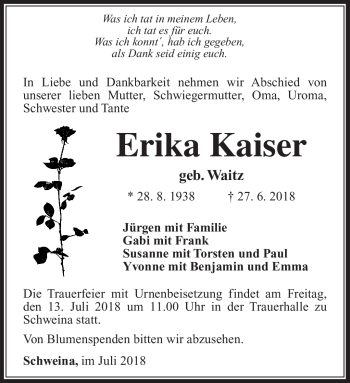 Traueranzeige von Erika Kaiser von Südthüringer Presse