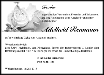 Traueranzeige von Adelheid Reumann von Südthüringer Presse