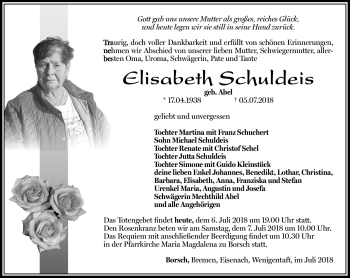 Traueranzeige von Elisabeth Schuldeis von Südthüringer Presse
