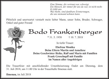 Traueranzeige von Bodo Frankenberger von Südthüringer Presse