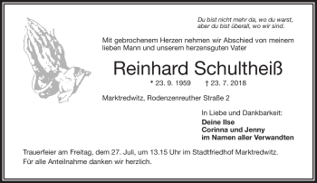 Traueranzeige von Reinhard Schultheiß von Frankenpost