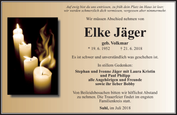 Traueranzeige von Elke Jäger von Südthüringer Presse