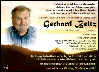 Traueranzeige von Gerhard Beltz von Südthüringer Presse